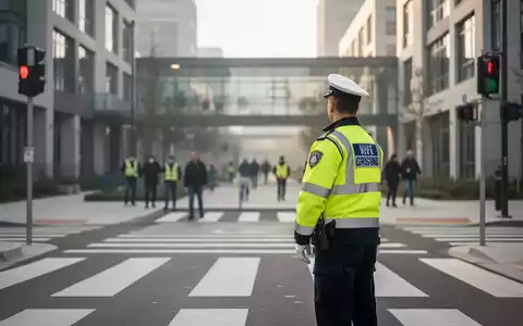 Ein Zebrastreifen vor einer Schule mit einem Verkehrshelfer in Warnkleidung bei hellem Tageslicht. - Foto: über boerse-global.de