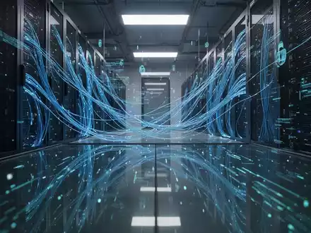 Ein modern beleuchteter Serverraum mit leuchtenden Glasfaserkabeln, der die digitale Sicherheit und Cyberkriminalität symbolisiert. - Foto: über boerse-global.de