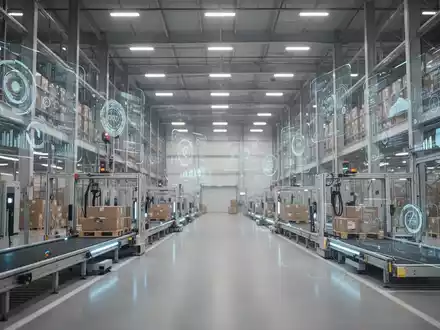 Modernes, hochautomatisiertes Logistikzentrum mit digitalen Datenvisualisierungen in einer professionellen Industrieumgebung. - Foto: über boerse-global.de
