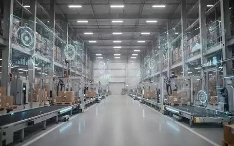 Modernes, hochautomatisiertes Logistikzentrum mit digitalen Datenvisualisierungen in einer professionellen Industrieumgebung. - Foto: über boerse-global.de