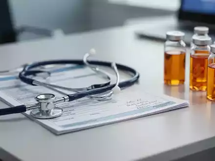 Medizinische Utensilien und pharmazeutische PrĂ€parate auf einem Schreibtisch als Symbol fĂŒr die Cannabistherapie. - Foto: ĂŒber boerse-global.de