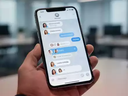Ein Smartphone zeigt eine moderne Messaging-App mit Gruppenchat-Symbolen und Benachrichtigungen in einer Büro-Umgebung. - Foto: über boerse-global.de