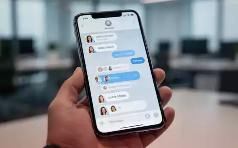 Ein Smartphone zeigt eine moderne Messaging-App mit Gruppenchat-Symbolen und Benachrichtigungen in einer Büro-Umgebung. - Foto: über boerse-global.de