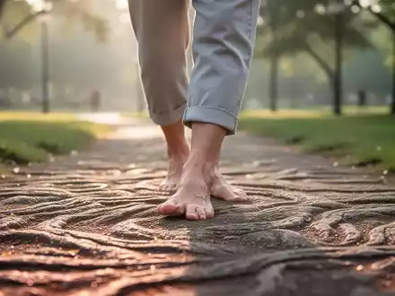 Eine ältere Person geht barfuß auf einem natürlichen Barfußpfad in einem Park, um die Fußgesundheit zu fördern. - Foto: über boerse-global.de