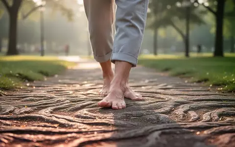 Eine ältere Person geht barfuß auf einem natürlichen Barfußpfad in einem Park, um die Fußgesundheit zu fördern. - Foto: über boerse-global.de