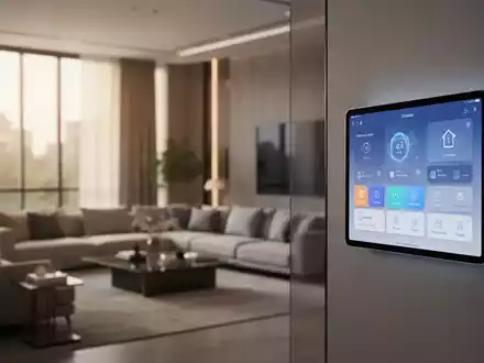 Moderne Smart-Home-Oberfläche auf einem Wandtablet in einem minimalistischen, hellen Wohnzimmer. - Foto: über boerse-global.de