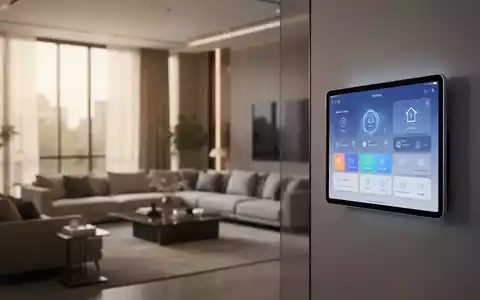 Moderne Smart-Home-Oberfläche auf einem Wandtablet in einem minimalistischen, hellen Wohnzimmer. - Foto: über boerse-global.de