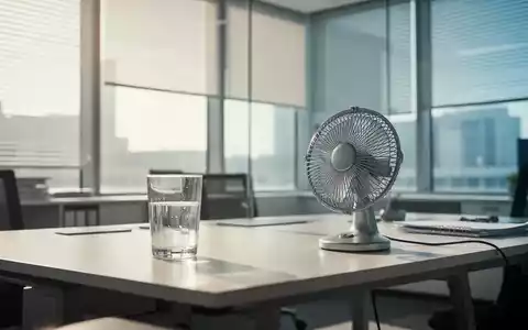 Ein moderner Büroarbeitsplatz mit einem Glas Wasser und einem Ventilator bei starkem Sonneneinfall durch Jalousien. - Foto: über boerse-global.de