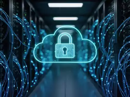 Leuchtendes digitales Vorhängeschloss-Symbol vor verschwommenen Server-Racks und Rechenzentrums-Infrastruktur. - Foto: über boerse-global.de