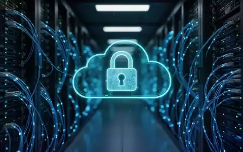 Leuchtendes digitales Vorhängeschloss-Symbol vor verschwommenen Server-Racks und Rechenzentrums-Infrastruktur. - Foto: über boerse-global.de