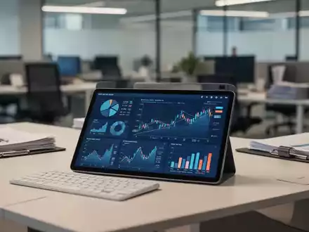 Ein moderner Schreibtisch mit einem Tablet, auf dem Finanzdiagramme für die E-Rechnungs-Implementierung dargestellt sind. - Foto: über boerse-global.de