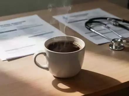 Eine Tasse frisch gebrühter schwarzer Kaffee auf einem Schreibtisch neben einem medizinischen Bericht. - Foto: über boerse-global.de