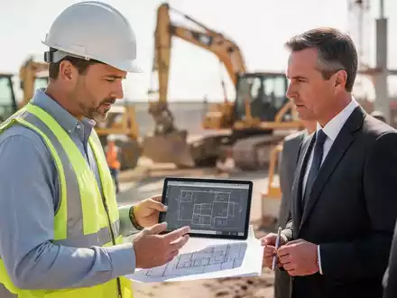 Bauleiter und Bankberater besprechen Finanzierungsunterlagen auf einem Tablet vor dem Hintergrund einer Baustelle. - Foto: über boerse-global.de