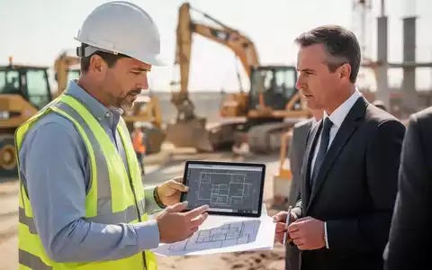 Bauleiter und Bankberater besprechen Finanzierungsunterlagen auf einem Tablet vor dem Hintergrund einer Baustelle. - Foto: über boerse-global.de