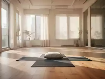 Ein heller, moderner Yoga-Raum mit Holzboden und sanftem, natürlichem Licht, der eine ruhige und einladende Atmosphäre schafft. - Foto: über boerse-global.de