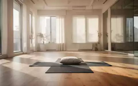 Ein heller, moderner Yoga-Raum mit Holzboden und sanftem, natürlichem Licht, der eine ruhige und einladende Atmosphäre schafft. - Foto: über boerse-global.de