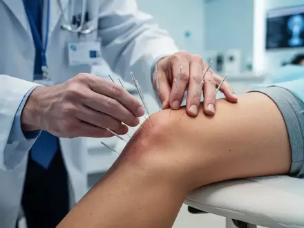 Ărztliche Behandlung mit Akupunkturnadeln am Knie im Rahmen einer integrativen Schmerztherapie. - Foto: ĂŒber boerse-global.de