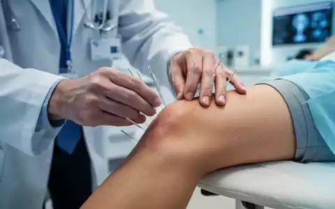Ärztliche Behandlung mit Akupunkturnadeln am Knie im Rahmen einer integrativen Schmerztherapie. - Foto: über boerse-global.de