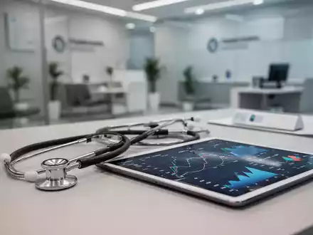 Stethoskop und Tablet mit Finanzgrafiken auf einem Schreibtisch in einer Arztpraxis als Symbol für wirtschaftliche Unsicherheit. - Foto: über boerse-global.de