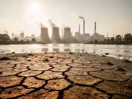 Ein ausgetrocknetes Flussbett des Rheins vor einer Industriekulisse bei extremer Sommerhitze. - Foto: über boerse-global.de
