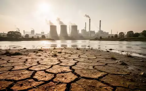 Ein ausgetrocknetes Flussbett des Rheins vor einer Industriekulisse bei extremer Sommerhitze. - Foto: über boerse-global.de
