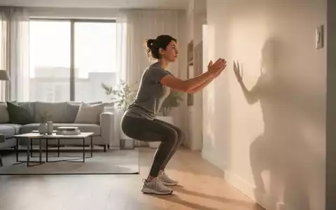 Eine Person führt in einem hellen, modernen Wohnraum kontrollierte Wandkniebeugen als gesundheitsorientiertes Training aus. - Foto: über boerse-global.de