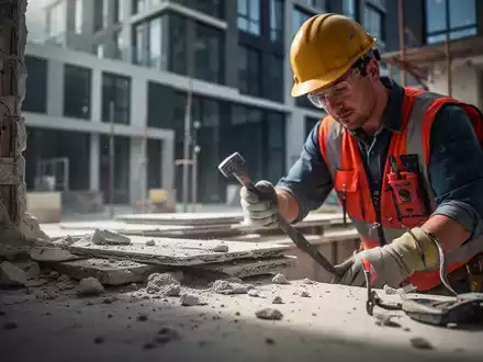 Ein Bauarbeiter in Schutzkleidung inspiziert asbesthaltige Baumaterialien auf einer Baustelle. - Foto: über boerse-global.de