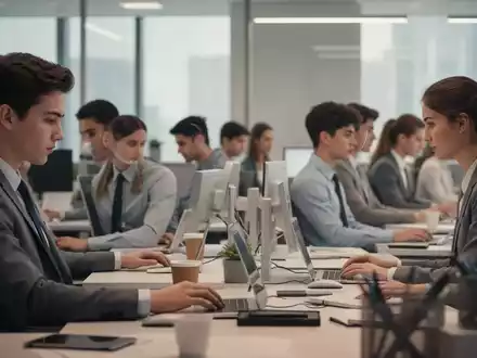 Junge Büroangestellte an modernen Schreibtischen, die auf ihre Arbeit konzentriert sind. - Foto: über boerse-global.de