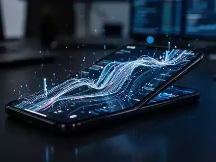 Ein Smartphone-Bildschirm in einer dunklen Büroumgebung, der digitale Datenströme symbolisiert. - Foto: über boerse-global.de
