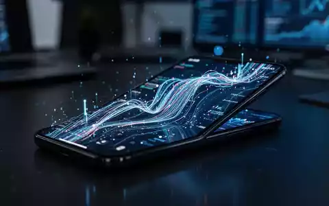 Ein Smartphone-Bildschirm in einer dunklen Büroumgebung, der digitale Datenströme symbolisiert. - Foto: über boerse-global.de