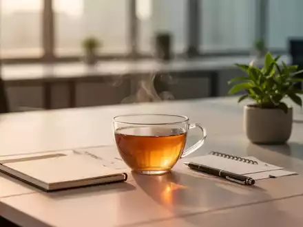 Ein minimalistischer, heller Arbeitsplatz mit einer Tasse Tee und einer Pflanze, der Ruhe und Achtsamkeit ausstrahlt. - Foto: über boerse-global.de