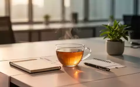 Ein minimalistischer, heller Arbeitsplatz mit einer Tasse Tee und einer Pflanze, der Ruhe und Achtsamkeit ausstrahlt. - Foto: über boerse-global.de