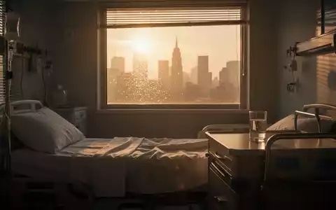 Ein ruhiges Krankenhauszimmer mit Blick auf eine sommerliche Hitzeflimmer-Stadtlandschaft bei warmem Licht. - Foto: über boerse-global.de