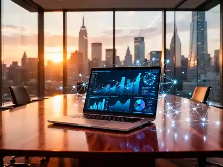 Ein moderner Konferenzraum mit einem Laptop, auf dem Datenvisualisierungen für eine Finanzstrategie zu sehen sind. - Foto: über boerse-global.de