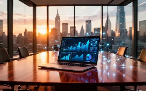 Ein moderner Konferenzraum mit einem Laptop, auf dem Datenvisualisierungen für eine Finanzstrategie zu sehen sind. - Foto: über boerse-global.de