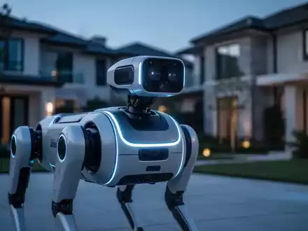 Ein autonomer Roboter-Sicherheitshund patrouilliert in der Dämmerung durch ein modernes Wohngebiet. - Foto: über boerse-global.de
