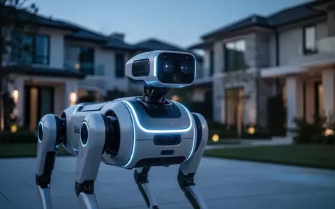 Ein autonomer Roboter-Sicherheitshund patrouilliert in der Dämmerung durch ein modernes Wohngebiet. - Foto: über boerse-global.de