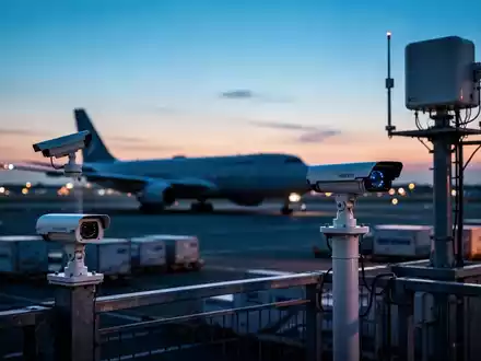 Moderne Überwachungs- und Radartechnik auf einer kommerziellen Flughafenlandebahn während des Abendbetriebs. - Foto: über boerse-global.de