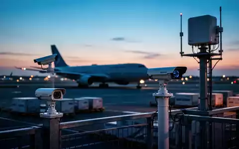Moderne Überwachungs- und Radartechnik auf einer kommerziellen Flughafenlandebahn während des Abendbetriebs. - Foto: über boerse-global.de