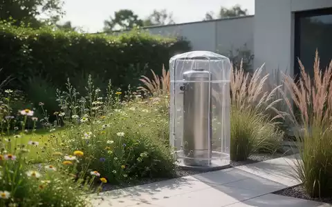 Minimalistischer, gepflegter Garten mit einer abgedeckten Regentonne und heimischen Pflanzen zur Insektenprävention. - Foto: über boerse-global.de