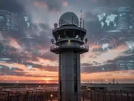 Moderner Radarturm am Flughafen bei Dämmerung als Symbol für digitale Sicherheitsinfrastruktur und Drohnenabwehr. - Foto: über boerse-global.de
