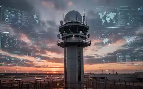 Moderner Radarturm am Flughafen bei Dämmerung als Symbol für digitale Sicherheitsinfrastruktur und Drohnenabwehr. - Foto: über boerse-global.de