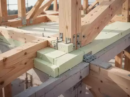 Nahaufnahme einer modernen Holzrahmenbauweise mit sichtbaren Konstruktionsbalken und Dämmmaterialien auf einer Baustelle. - Foto: über boerse-global.de