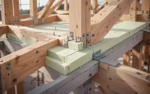 Nahaufnahme einer modernen Holzrahmenbauweise mit sichtbaren Konstruktionsbalken und Dämmmaterialien auf einer Baustelle. - Foto: über boerse-global.de