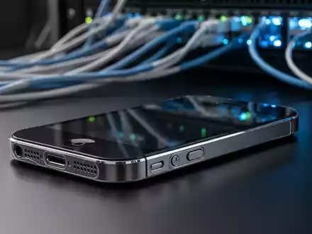 Ein originales iPhone auf einer dunklen Oberfläche vor einem verschwommenen Hintergrund moderner Netzwerkinfrastruktur. - Foto: über boerse-global.de