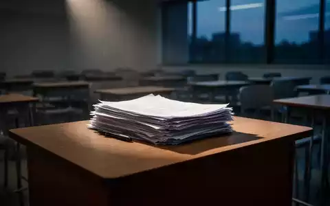 Ein leerer Klassenraum mit einem Stapel Papier auf einem Lehrerpult, symbolisch für die Arbeitsbelastung von Lehrkräften. - Foto: über boerse-global.de