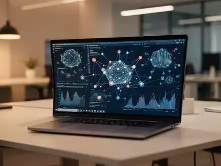 Ein moderner Arbeitsplatz mit einem Laptop, der abstrakte Datenvisualisierungen und KI-Netzwerkstrukturen anzeigt. - Foto: über boerse-global.de