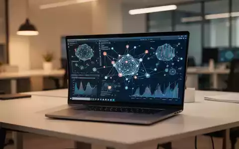 Ein moderner Arbeitsplatz mit einem Laptop, der abstrakte Datenvisualisierungen und KI-Netzwerkstrukturen anzeigt. - Foto: ĂŒber boerse-global.de