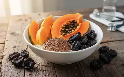Eine Auswahl gesunder Lebensmittel wie Papaya, Leinsamen und Trockenpflaumen auf einem Holztisch zur Darmgesundheit. - Foto: über boerse-global.de