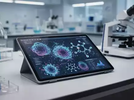 Ein digitales Tablet mit Molekularstrukturen und biologischen Daten in einem modernen, professionellen Laborumfeld. - Foto: über boerse-global.de